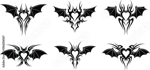 Set of tribal bat wings with heart symbols, gothic tattoo silhouettes, dark occult emblems, demonic filigree vector art for design.