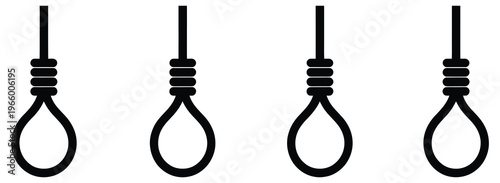 Hangman noose rope knot icon set, suicide and execution symbol, gallows loop vector silhouette collection, dark warning graphic, simple isolated design for caution or educational use.