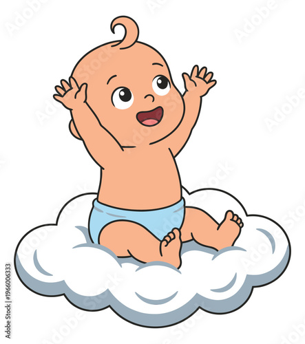 Cartoon illustration of a happy baby sitting on a fluffy cloud depicting a cheerful infant with raised hands for nursery and baby shower design