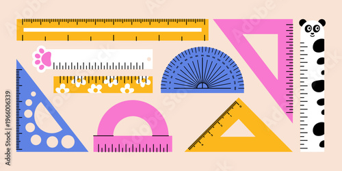 Cartoon math rulers. Triangular measuring protractor math geometry tools, school stationery supply for study and work, cute measurement equipment flat style. Vector isolated set