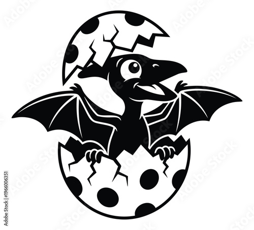 Cartoon silhouette illustration of a baby pterodactyl hatching from a spotted egg depicting a newborn dinosaur for children and prehistoric design