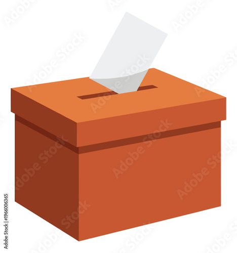 Flat illustration of an orange ballot box depicting a paper vote being inserted for election and democracy design