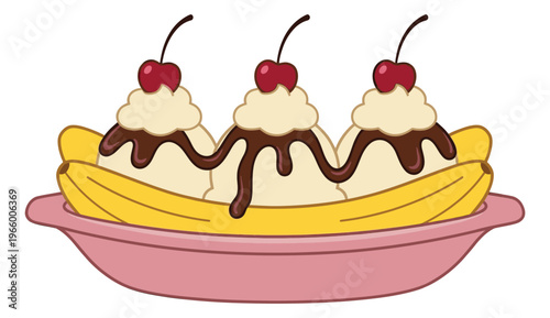 Cartoon illustration of a banana split sundae depicting three scoops with chocolate sauce and cherries for food and dessert design