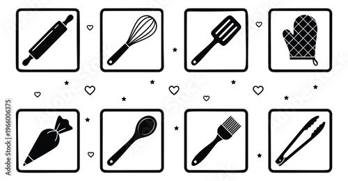 Silhouette icon set of 8 kitchen utensils featuring rolling pin, whisk, spatula, oven mitt, piping bag, spoon, pastry brush and tongs for cooking design