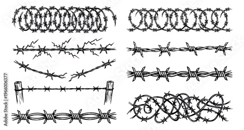 Sketch set of 8 barbed wire designs featuring razor coils, fence posts and tangled strands for security and military design