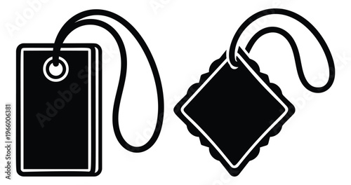 Silhouette icon set of 2 price tags featuring rectangular and diamond shaped labels with string for retail and commerce design
