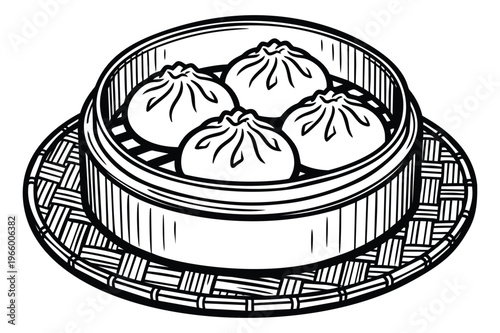 Engraving illustration of dim sum dumplings depicting steamed bao buns in bamboo steamer basket for Asian food design