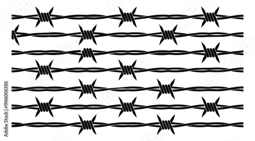 Flat silhouette set of 4 barbed wire strands featuring sharp twisted metal fencing patterns for security and military design