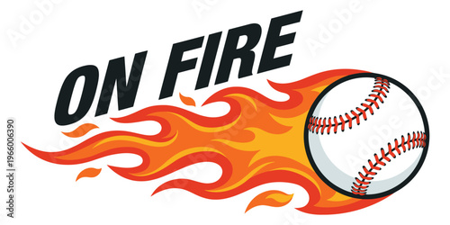 Cartoon illustration of a flaming baseball depicting high speed motion with bold on fire text for sports and team design