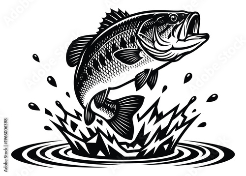 Woodcut illustration of a largemouth bass depicting a jumping splash for fishing and outdoor sport design