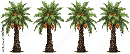 Set of four detailed date palm tree vectors with ripe orange fruit clusters and textured trunks isolated on white background for tropical landscape design.
