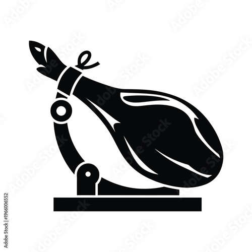 A black and white illustration depicts a cured ham leg secured in a slicing stand