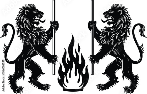 Heraldic lions silhouette emblem, symmetrical design vector, flame symbol artwork, strength and guardianship icon, medieval crest illustration, black decorative graphic