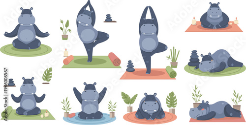 Cute hippo yoga poses collection with meditation, balance exercises and wellness activities, adorable animal vector illustration set