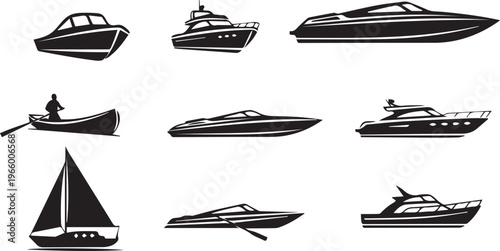 A diverse collection of modern and traditional boat silhouettes for water transportation and recreation.