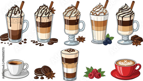 Set of coffee drinks latte cappuccino espresso with whipped cream chocolate and berries vector illustration for cafe menu beverage design