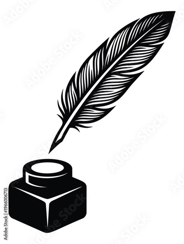 Engraving style illustration of quill feather and inkwell depicting classic writing tools for literary and historical design
