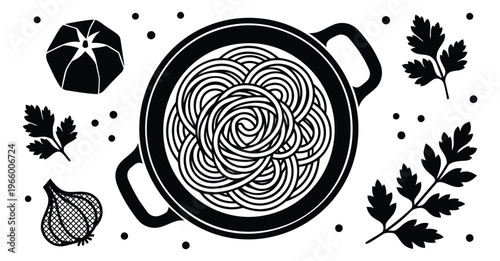 Silhouette illustration of spaghetti in a pan depicting pasta cooking with tomato garlic and herb ingredients for food and culinary design