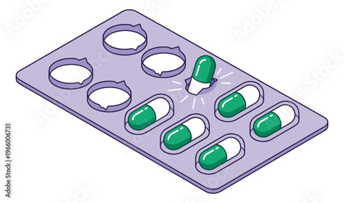 Cartoon illustration of blister pill pack depicting missing and remaining capsules for pharmaceutical and medical design