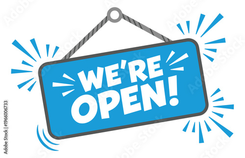 Flat illustration of a hanging we're open sign depicting a bright blue storefront announcement for retail and business design