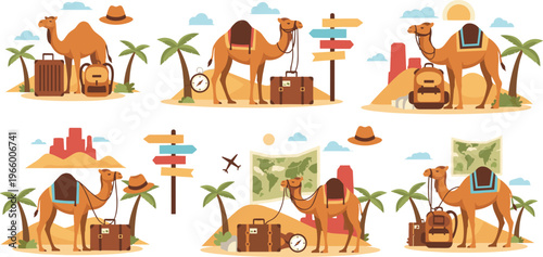 Camel travel adventure collection with luggage, desert landscape, palm trees and direction signs, tourism journey vector illustration set
