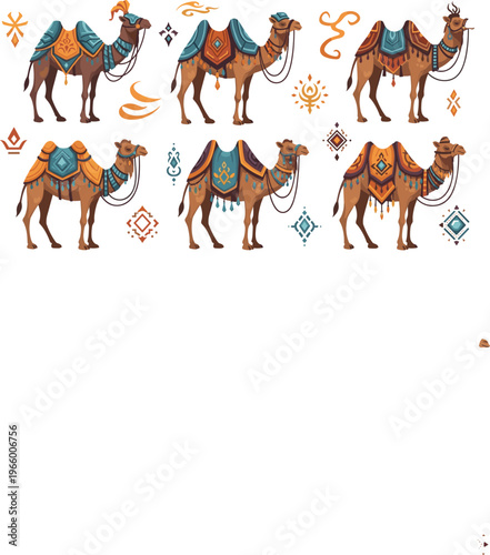 Ornamental camel illustration collection with ethnic patterns, decorative saddle designs and tribal elements, Arabian style vector set