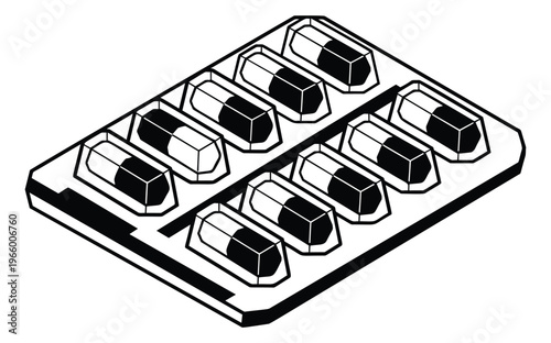 Outline illustration of a blister pack depicting two tone capsule pills in isometric view for pharmaceutical and medical design