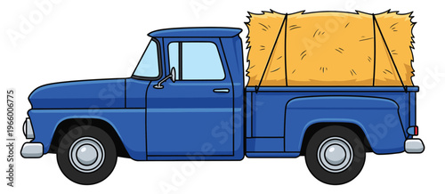 Cartoon illustration of a blue pickup truck depicting a farm vehicle hauling hay bales for rural and agricultural design