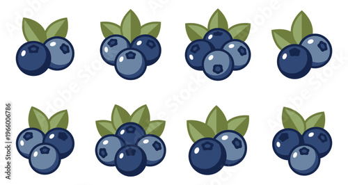 Cartoon icon set of 8 blueberry clusters featuring fresh berry bunches with green leaves for food and nature design