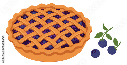 Flat illustration of blueberry pie depicting lattice crust pastry with fresh berries for food and bakery design