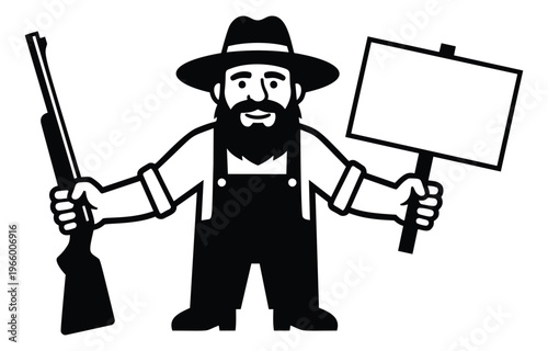 Cartoon illustration of a bearded farmer character depicting a rural man holding a rifle and blank protest sign for mascot design