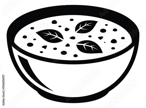 Bold silhouette illustration of a soup bowl depicting creamy broth with herb leaves for food and restaurant design