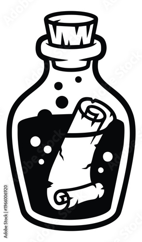 Bold cartoon illustration of a message in a bottle depicting a sealed scroll inside glass for adventure and pirate design