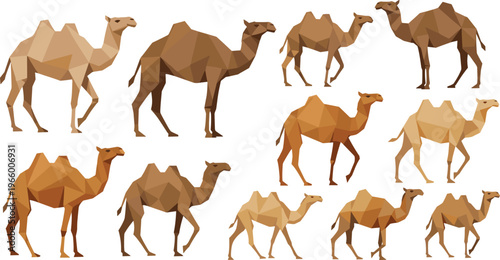 Geometric camel polygon collection with low poly design, desert animals in abstract style, modern vector illustration set