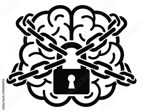 Bold cartoon illustration of a human brain wrapped in chains and padlock depicting mental imprisonment for psychology and security design