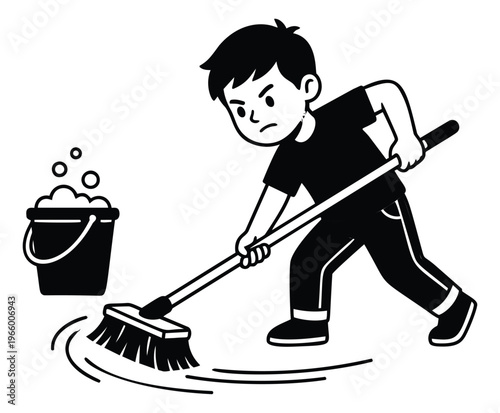 Cartoon illustration of a boy mopping the floor depicting cleaning chores with a bucket of soapy water for household and domestic use