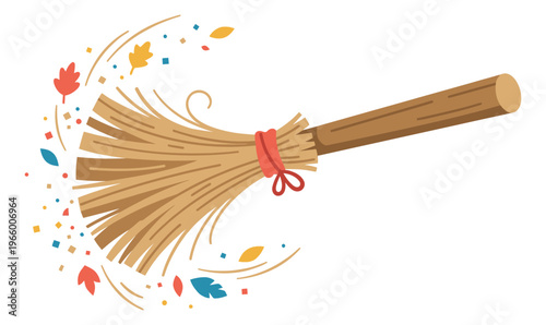 Flat illustration of a sweeping broom depicting autumn leaves and confetti swirling for seasonal cleaning design