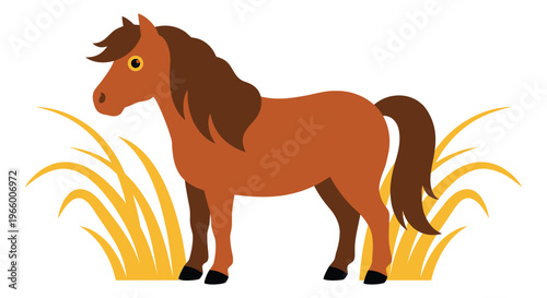 Flat cartoon illustration of a brown horse standing in golden grass depicting a farm animal for children and educational design