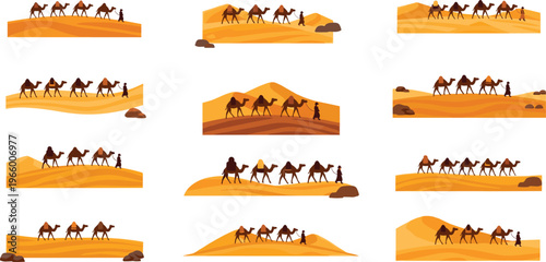 Camel caravan desert landscape set with silhouettes, sand dunes and travel scenes, Arabian safari vector illustration collection