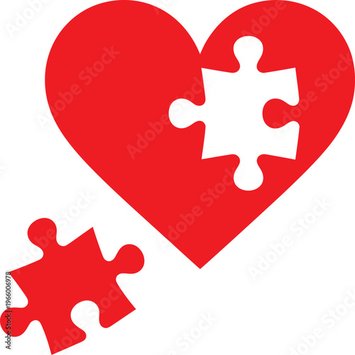 A red heart shape with one white puzzle piece removed and another red piece resting separately below