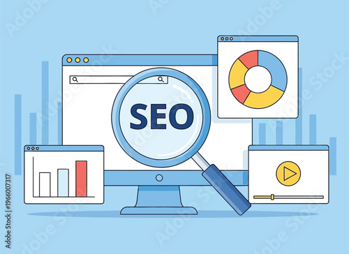 Search engine optimization seo concept with desktop computer screen magnifying glass and colorful data charts and analytics icons on light blue background.
