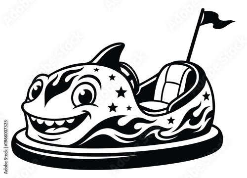 Cartoon illustration of a shark shaped bumper car depicting a smiling amusement ride character for fun and entertainment design