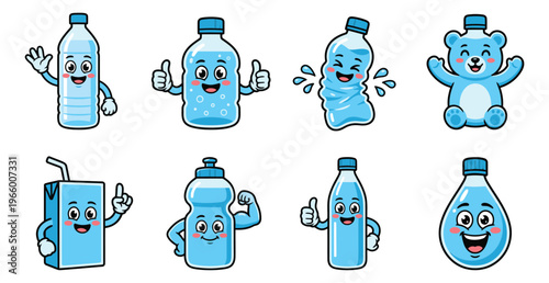 Cartoon icon set of 8 cute water bottle characters featuring smiling faces and playful expressions for kids and health design
