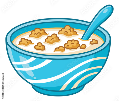 Cartoon illustration of a cereal bowl depicting a blue striped dish with milk and crunchy pieces for food and breakfast design
