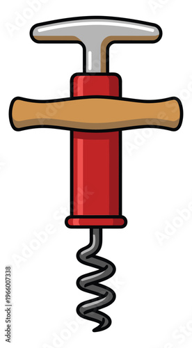 Cartoon illustration of a corkscrew depicting a classic wine bottle opener tool for kitchen and beverage design