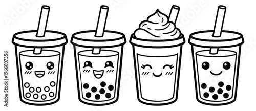 Cartoon icon set of 4 kawaii bubble tea cups featuring cute facial expressions and boba pearls for cafe and menu design