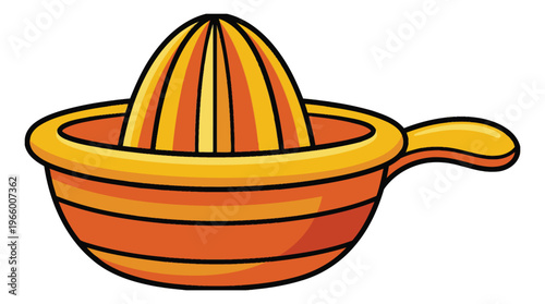 Cartoon illustration of a citrus juicer depicting a manual reamer with bowl and handle for kitchen and cooking design