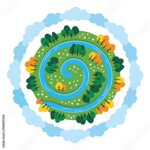 Flat illustration of a circular mini planet depicting a spiral river through lush forest landscape for nature and ecology design