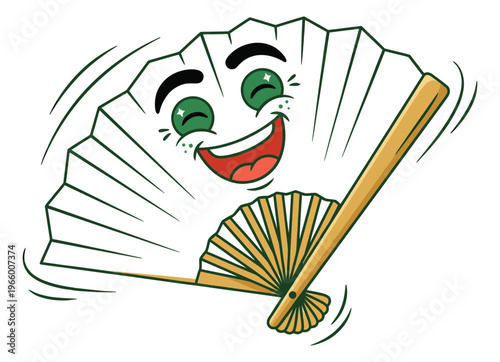 Cartoon illustration of a smiling folding fan depicting a cheerful anthropomorphic character with expressive face for Asian culture design