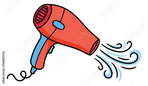Cartoon illustration of a red hair dryer depicting blowing air for beauty and salon design